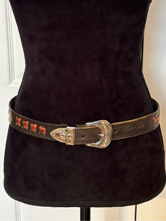 LW Paris Accessories - Vintage LW Paris (Louis Wolfer) Black & Brown Leather Belt Silver Medallions 32